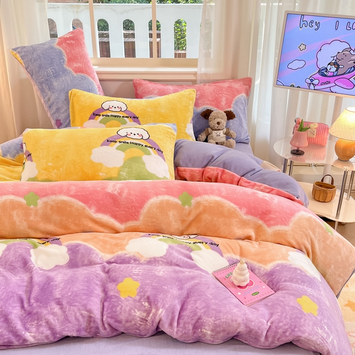 91家纺网 家纺一手货源 找家纺 席佬大 2025新款高克重印花牛奶绒系列四件套 彩虹萌狗