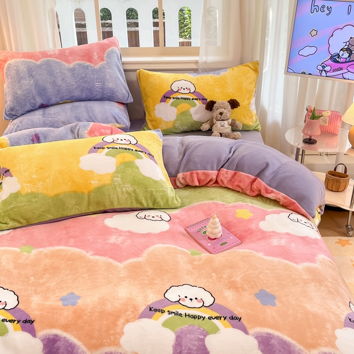 91家纺网 家纺一手货源 找家纺 席佬大 2025新款高克重印花牛奶绒系列四件套 彩虹萌狗