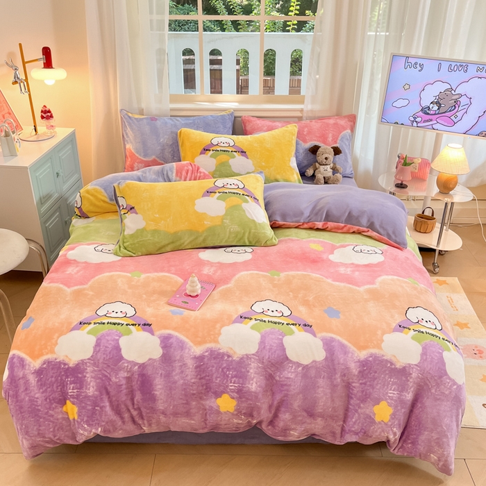 席佬大 2025新款高克重印花牛奶绒系列四件套 彩虹萌狗