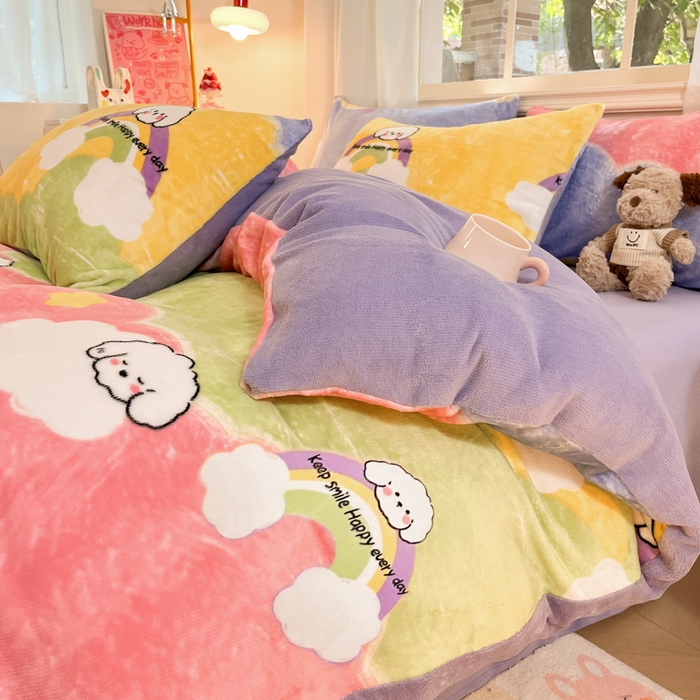 91家纺网 家纺一手货源 找家纺 席佬大 2025新款高克重印花牛奶绒系列四件套 彩虹萌狗