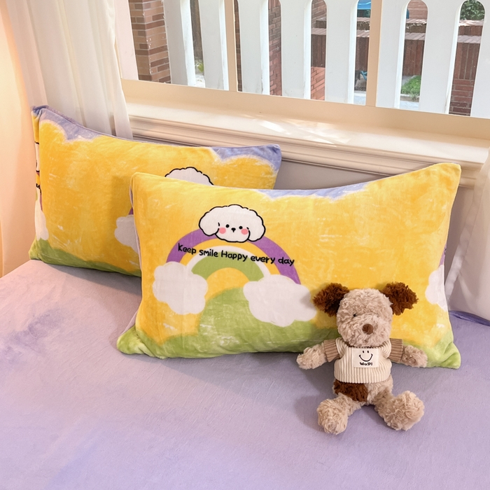 91家纺网 家纺一手货源 找家纺 席佬大 2025新款高克重印花牛奶绒系列四件套 彩虹萌狗