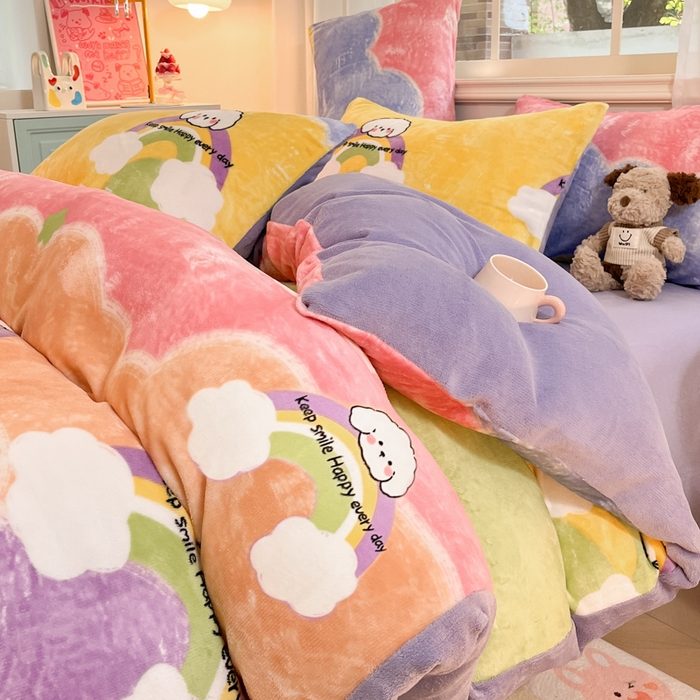 91家纺网 家纺一手货源 找家纺 席佬大 2025新款高克重印花牛奶绒系列四件套 彩虹萌狗