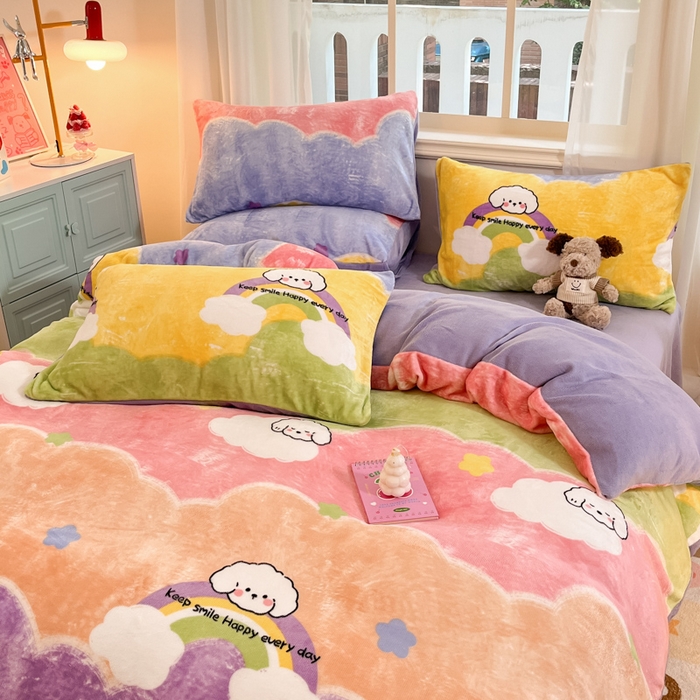 91家纺网 家纺一手货源 找家纺 席佬大 2025新款高克重印花牛奶绒系列四件套 彩虹萌狗