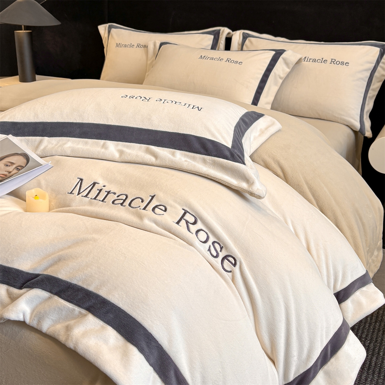 笙意家纺 2025新款A类加厚牛奶绒轻奢宽边四件套-威登 威登-奶昔白+奶茶