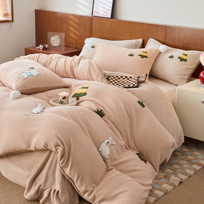 瑞雪家居 2025新款全消光毛巾绣艾尼绒系列四件套-艾尼兔 艾尼兔-浅可可