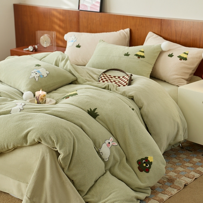 瑞雪家居 2025新款全消光毛巾绣艾尼绒系列四件套-艾尼兔 艾尼兔-浅绿