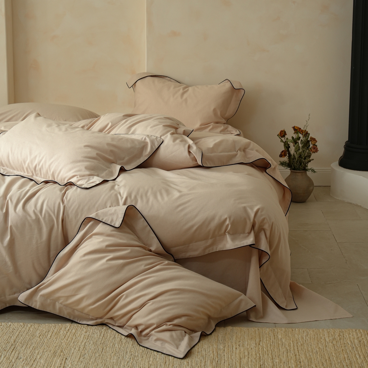 91家纺网 家纺一手货源 找家纺 简纯主义 2025新款棉麻素织雅韵系列四件套 青瓷粉