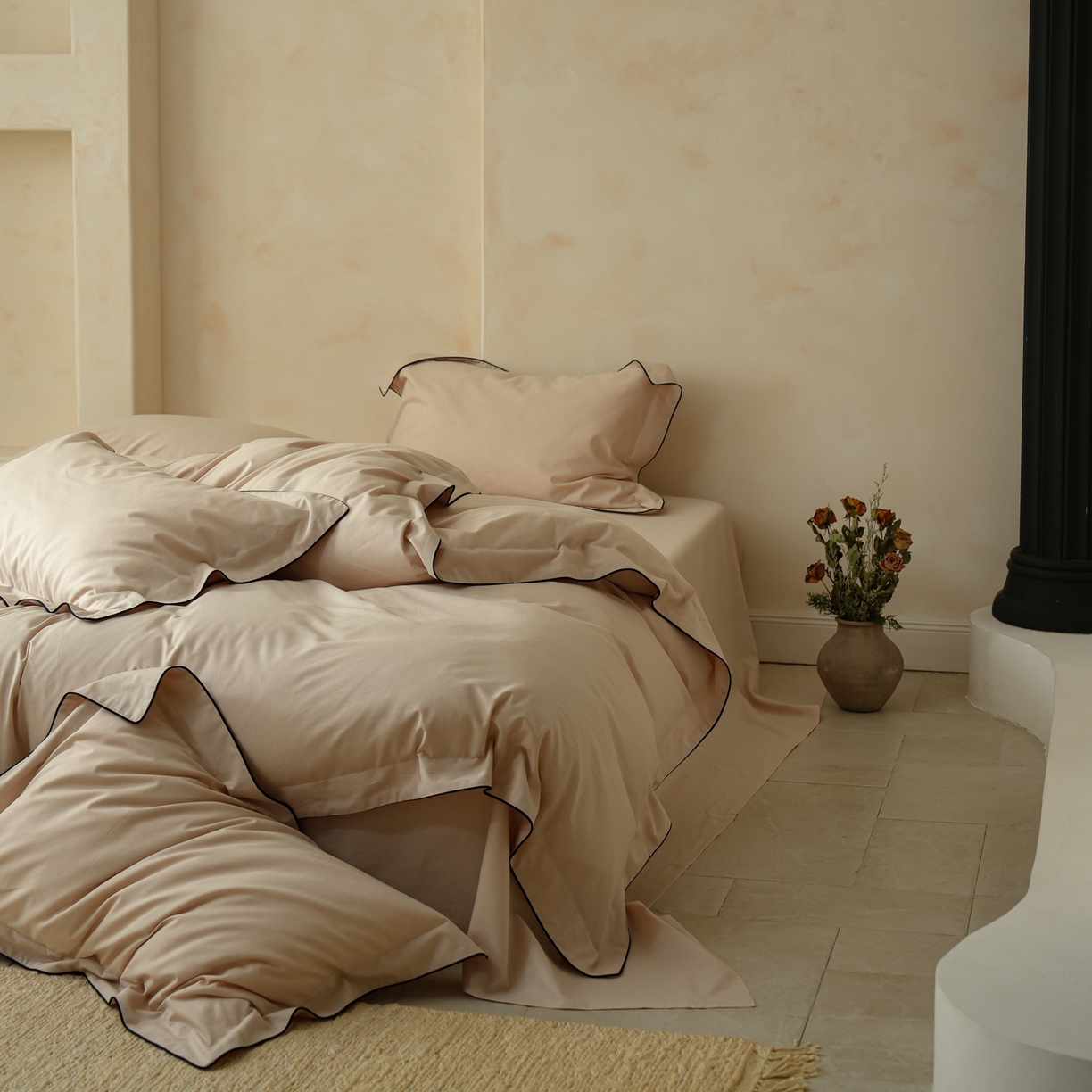 91家纺网 家纺一手货源 找家纺 简纯主义 2025新款棉麻素织雅韵系列四件套 青瓷粉