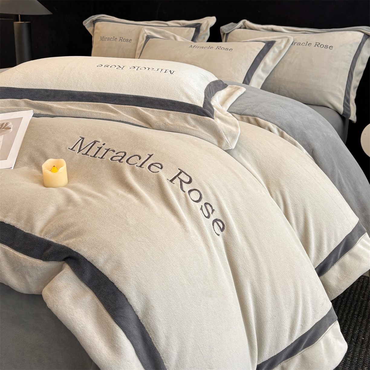 笙意家纺 2025新款A类加厚牛奶绒轻奢宽边四件套-威登 威登-山灰+中灰