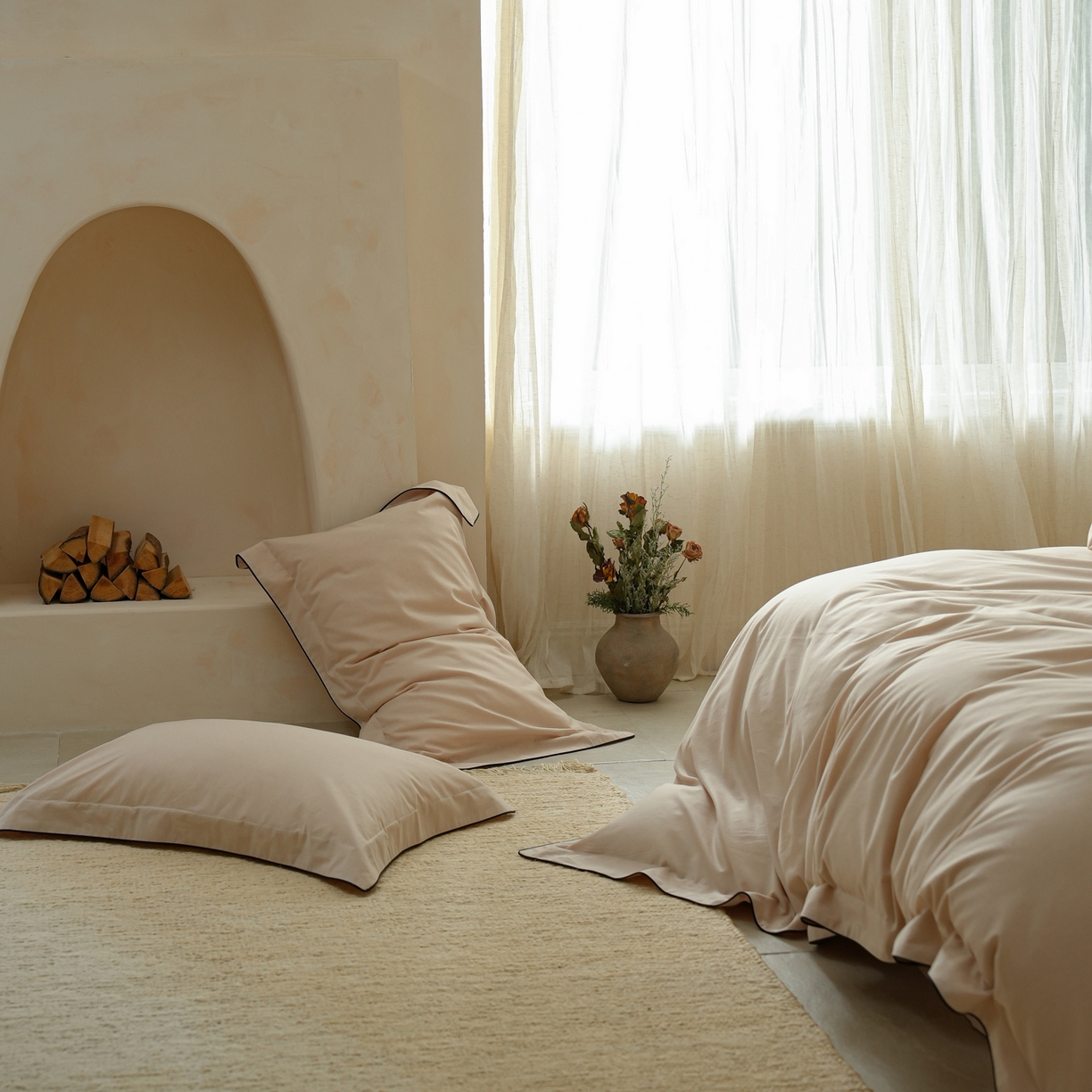 91家纺网 家纺一手货源 找家纺 简纯主义 2025新款棉麻素织雅韵系列四件套 青瓷粉