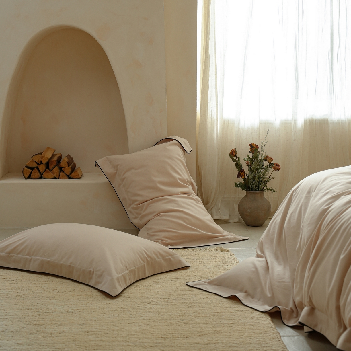 91家纺网 家纺一手货源 找家纺 简纯主义 2025新款棉麻素织雅韵系列四件套 青瓷粉