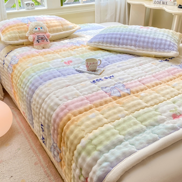 91家纺网 家纺一手货源 找家纺 优品惠 2025新款兔毛绒泡泡牛奶绒床垫子夹棉床褥床盖床单加厚保暖 彩虹心情