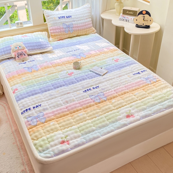 91家纺网 家纺一手货源 找家纺 优品惠 2025新款兔毛绒泡泡牛奶绒床垫子夹棉床褥床盖床单加厚保暖 彩虹心情