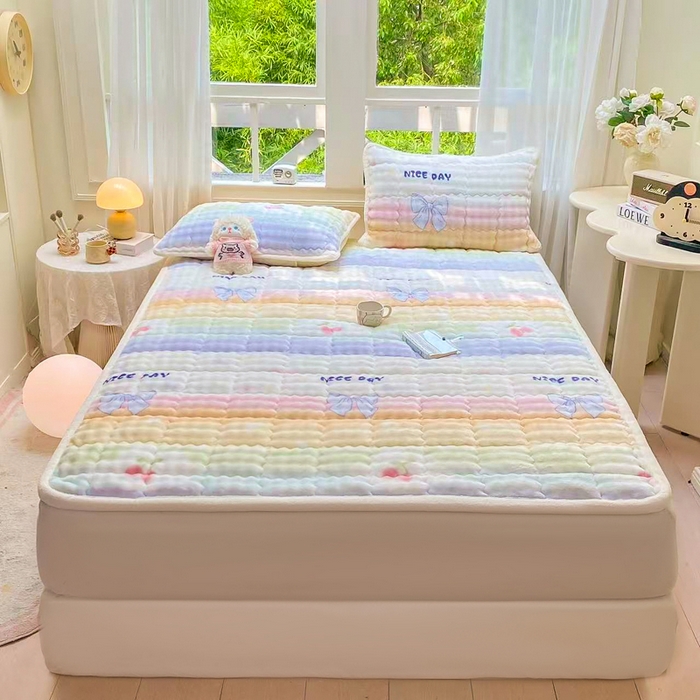 91家纺网 家纺一手货源 找家纺 优品惠 2025新款兔毛绒泡泡牛奶绒床垫子夹棉床褥床盖床单加厚保暖 彩虹心情