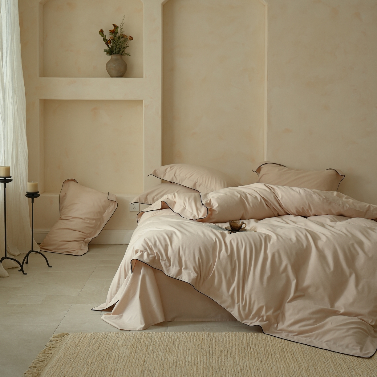 91家纺网 家纺一手货源 找家纺 简纯主义 2025新款棉麻素织雅韵系列四件套 青瓷粉