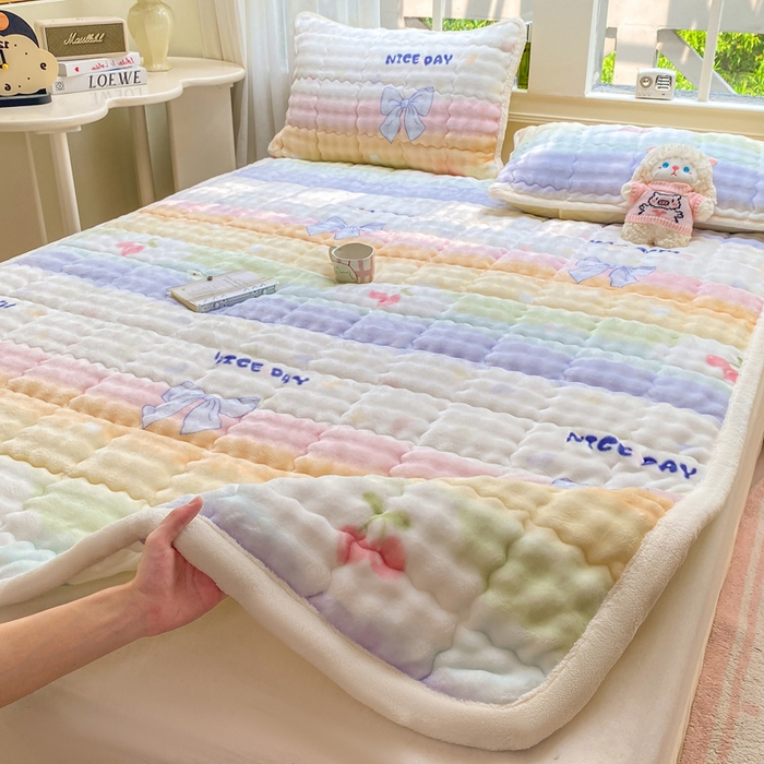 91家纺网 家纺一手货源 找家纺 优品惠 2025新款兔毛绒泡泡牛奶绒床垫子夹棉床褥床盖床单加厚保暖 彩虹心情