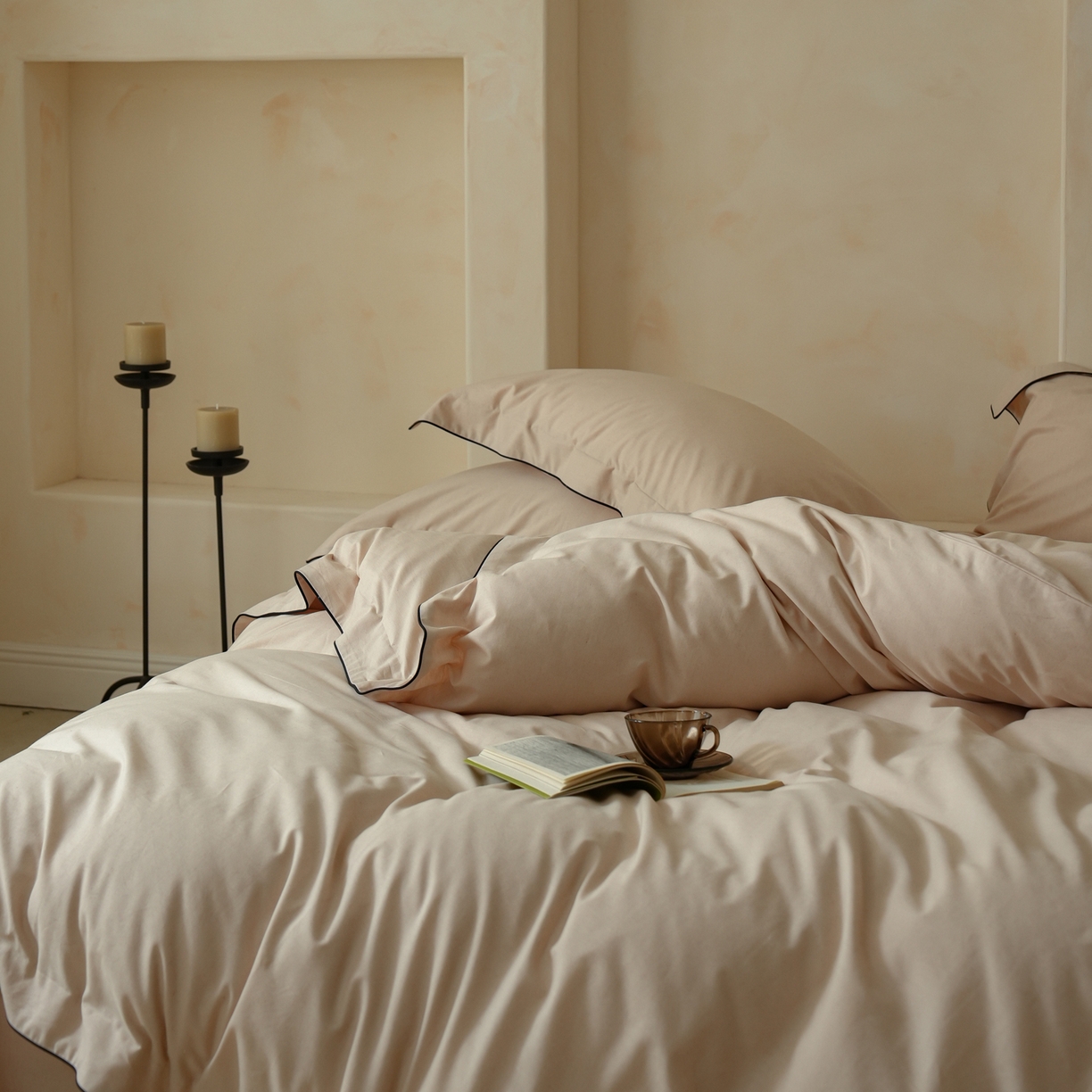 91家纺网 家纺一手货源 找家纺 简纯主义 2025新款棉麻素织雅韵系列四件套 青瓷粉