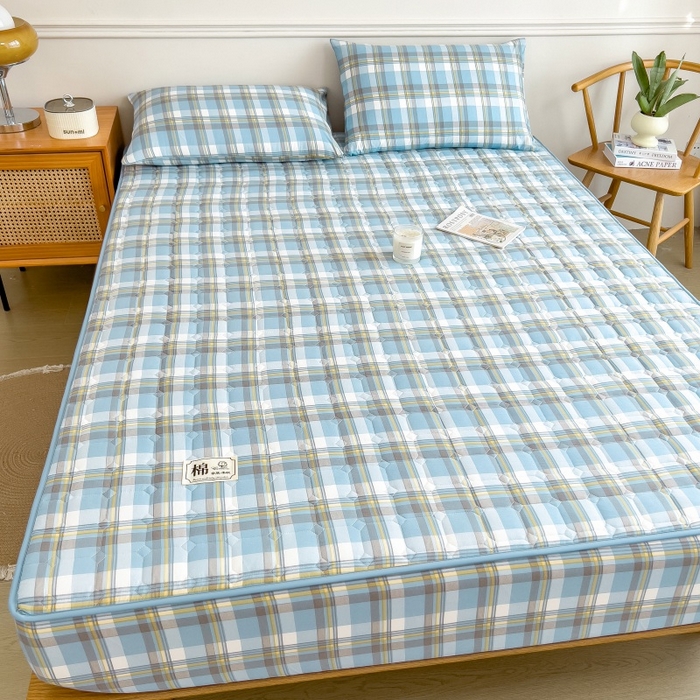 91家纺网 家纺一手货源 找家纺 蕾诺家纺 2025新款色织水洗棉棉花夹棉床笠保护套 简兮蓝