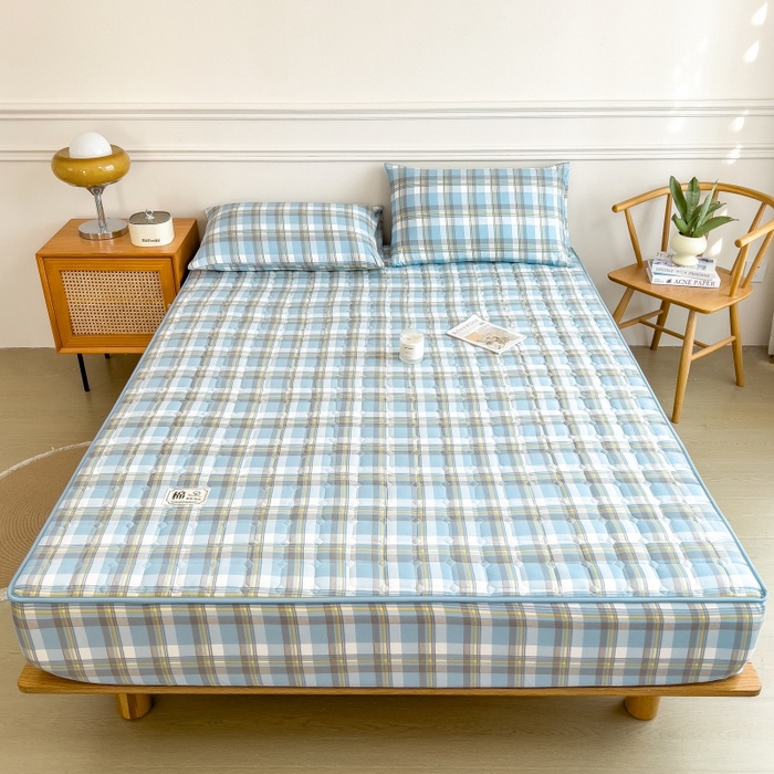 91家纺网 家纺一手货源 找家纺 蕾诺家纺 2025新款色织水洗棉棉花夹棉床笠保护套 简兮蓝