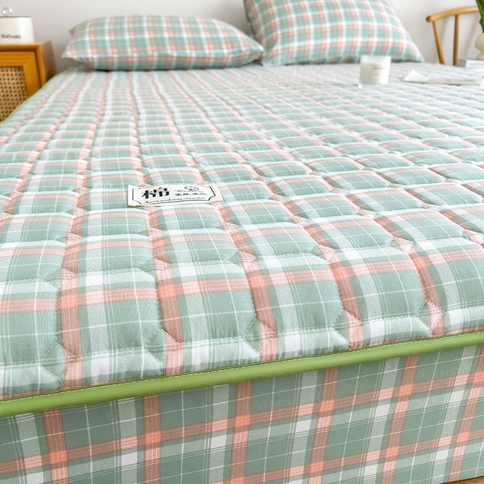 91家纺网 家纺一手货源 找家纺 蕾诺家纺 2025新款色织水洗棉棉花夹棉床笠保护套 橘绿条