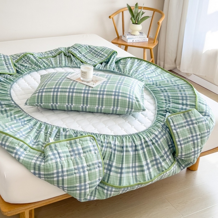 91家纺网 家纺一手货源 找家纺 蕾诺家纺 2025新款色织水洗棉棉花夹棉床笠保护套 时光绿