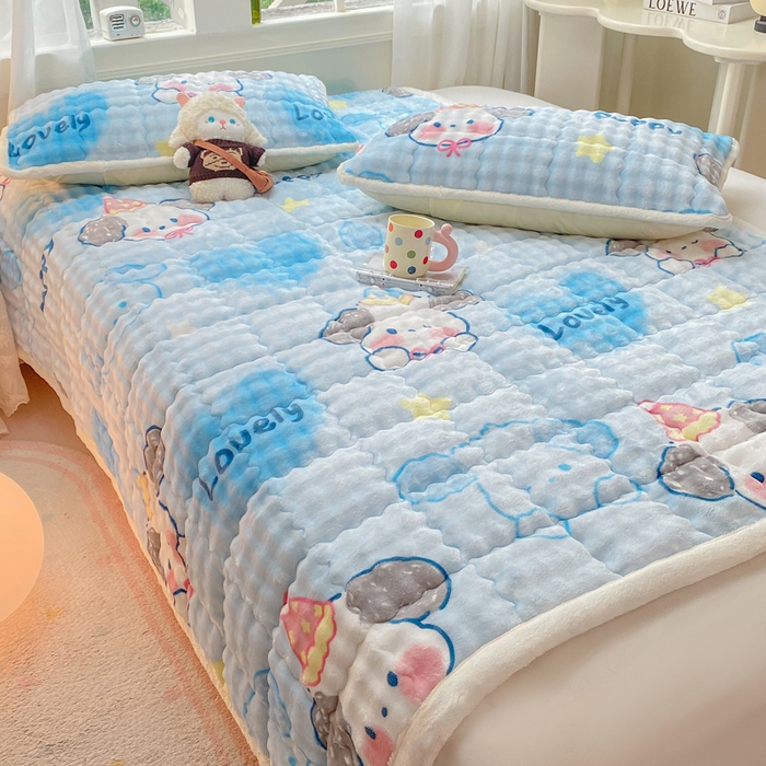 91家纺网 家纺一手货源 找家纺 优品惠 2025新款兔毛绒泡泡牛奶绒床垫子夹棉床褥床盖床单加厚保暖 可爱狗