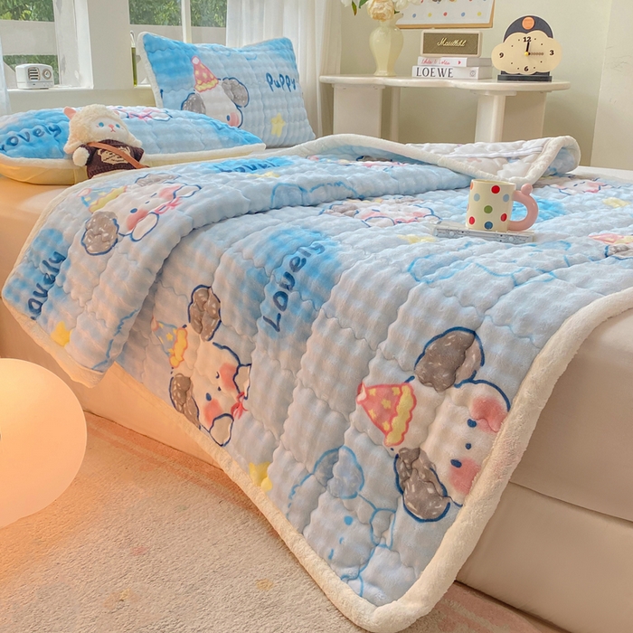 91家纺网 家纺一手货源 找家纺 优品惠 2025新款兔毛绒泡泡牛奶绒床垫子夹棉床褥床盖床单加厚保暖 可爱狗