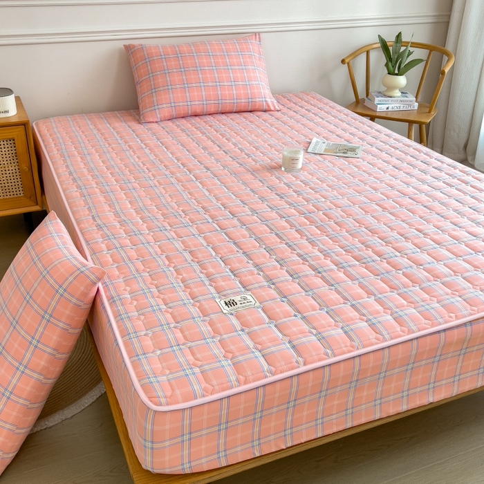 91家纺网 家纺一手货源 找家纺 蕾诺家纺 2025新款色织水洗棉棉花夹棉床笠保护套 威尼斯粉