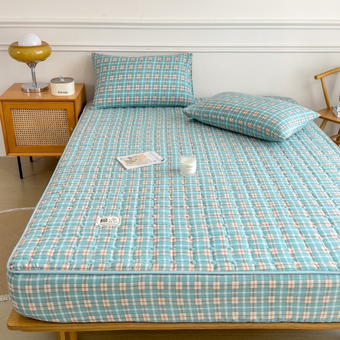 91家纺网 家纺一手货源 找家纺 蕾诺家纺 2025新款色织水洗棉棉花夹棉床笠保护套 威尼斯绿