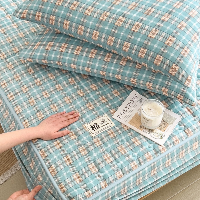 蕾诺家纺 2025新款色织水洗棉棉花夹棉床笠保护套 威尼斯绿