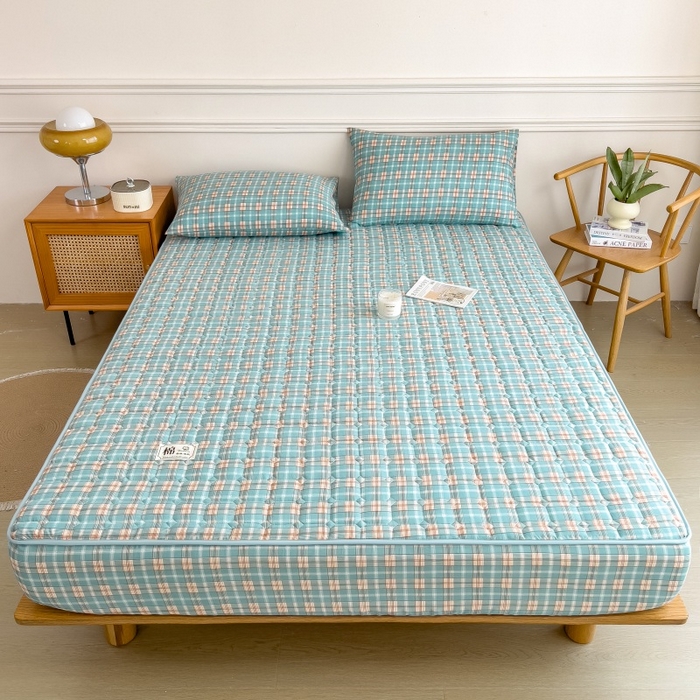 91家纺网 家纺一手货源 找家纺 蕾诺家纺 2025新款色织水洗棉棉花夹棉床笠保护套 威尼斯绿