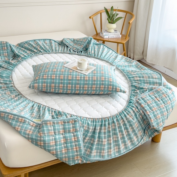 91家纺网 家纺一手货源 找家纺 蕾诺家纺 2025新款色织水洗棉棉花夹棉床笠保护套 威尼斯绿