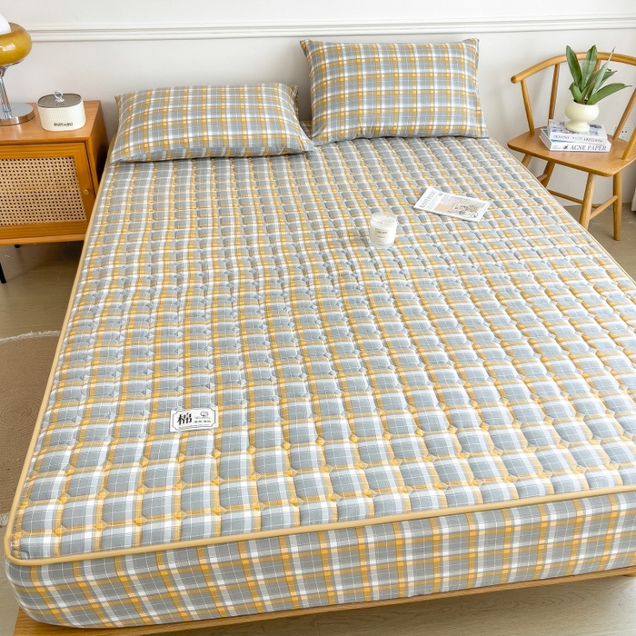 91家纺网 家纺一手货源 找家纺 蕾诺家纺 2025新款色织水洗棉棉花夹棉床笠保护套 心语-咖