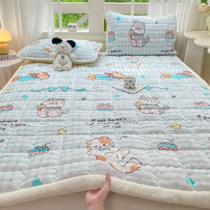 91家纺网 家纺一手货源 找家纺 优品惠 2025新款兔毛绒泡泡牛奶绒床垫子夹棉床褥床盖床单加厚保暖 萌宠