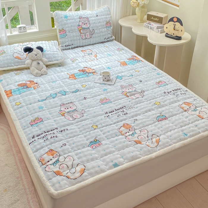 91家纺网 家纺一手货源 找家纺 优品惠 2025新款兔毛绒泡泡牛奶绒床垫子夹棉床褥床盖床单加厚保暖 萌宠