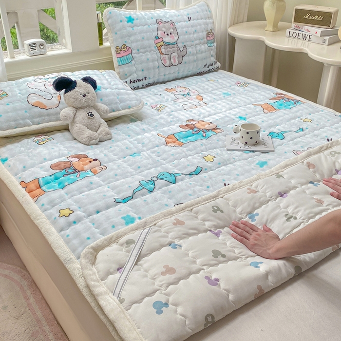 91家纺网 家纺一手货源 找家纺 优品惠 2025新款兔毛绒泡泡牛奶绒床垫子夹棉床褥床盖床单加厚保暖 萌宠