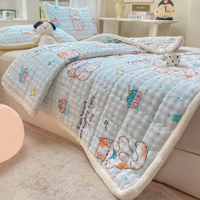 91家纺网 家纺一手货源 找家纺 优品惠 2025新款兔毛绒泡泡牛奶绒床垫子夹棉床褥床盖床单加厚保暖 萌宠