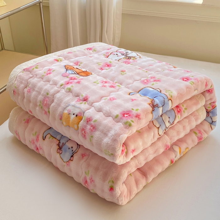 91家纺网 家纺一手货源 找家纺 优品惠 2025新款兔毛绒泡泡牛奶绒床垫子夹棉床褥床盖床单加厚保暖 萌宠粉