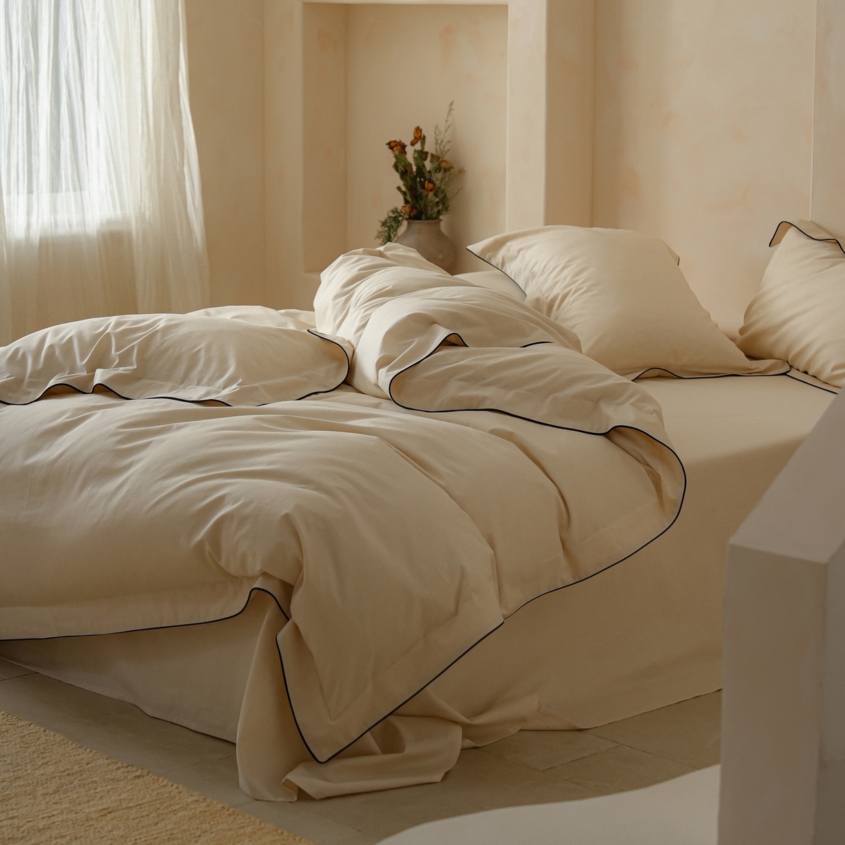 91家纺网 家纺一手货源 找家纺 简纯主义 2025新款棉麻素织雅韵系列四件套 松雾白