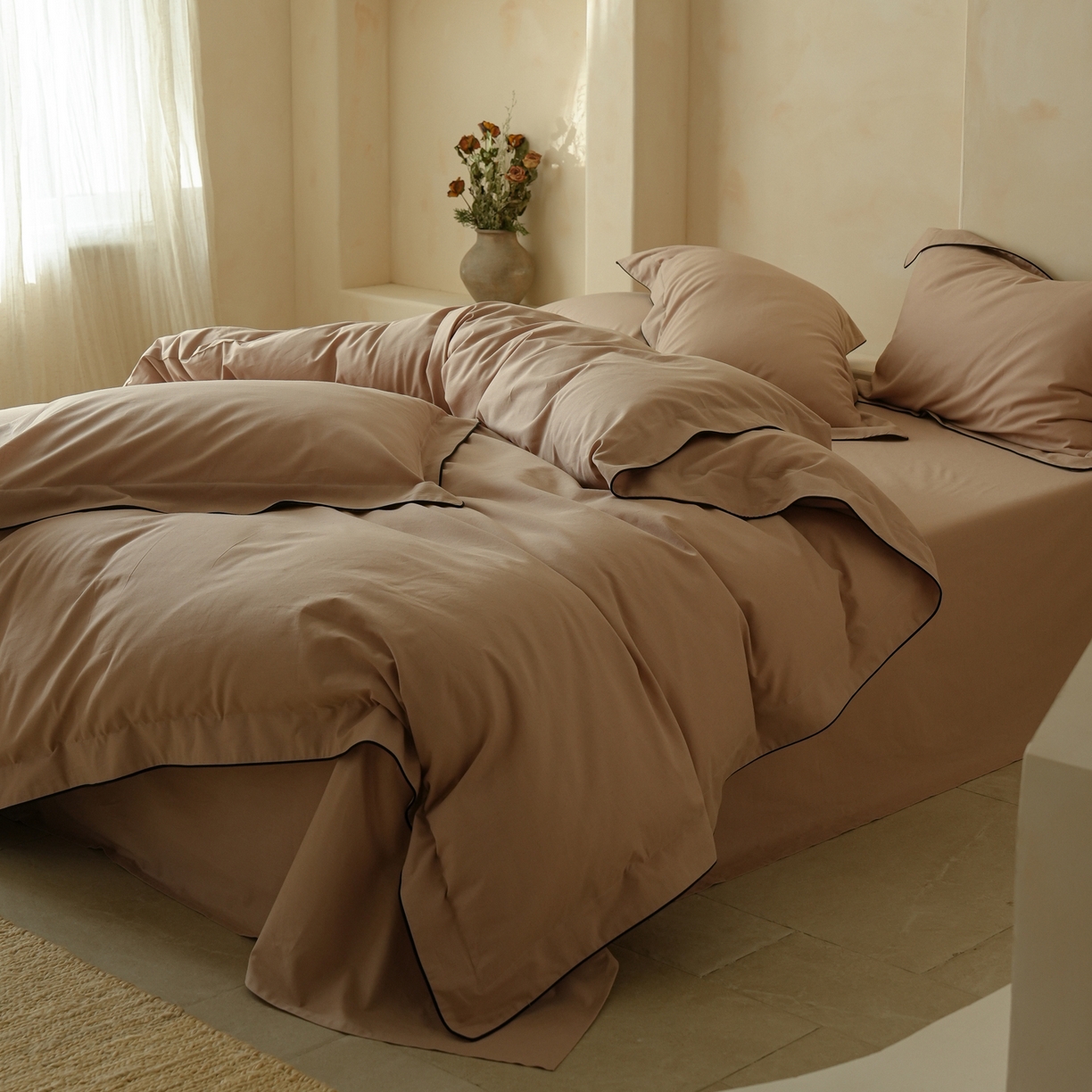 91家纺网 家纺一手货源 找家纺 简纯主义 2025新款棉麻素织雅韵系列四件套 朱砂红