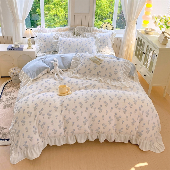 91家纺网 家纺一手货源 找家纺 启程家纺 2025新款花边雕花牛奶绒四件套 小郁金香-花边款