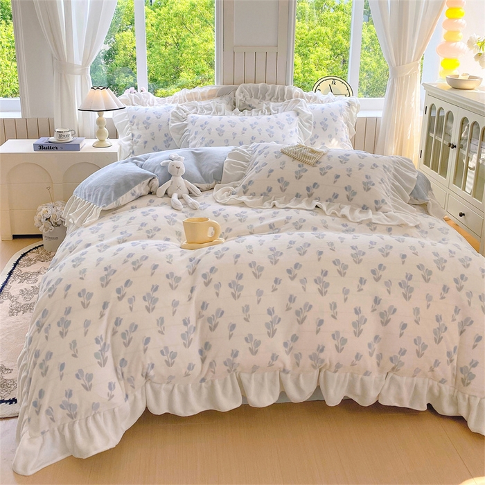 91家纺网 家纺一手货源 找家纺 启程家纺 2025新款花边雕花牛奶绒四件套 小郁金香-花边款