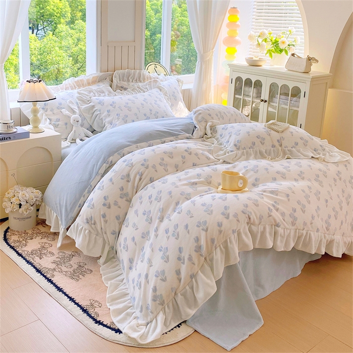 91家纺网 家纺一手货源 找家纺 启程家纺 2025新款花边雕花牛奶绒四件套 小郁金香-花边款