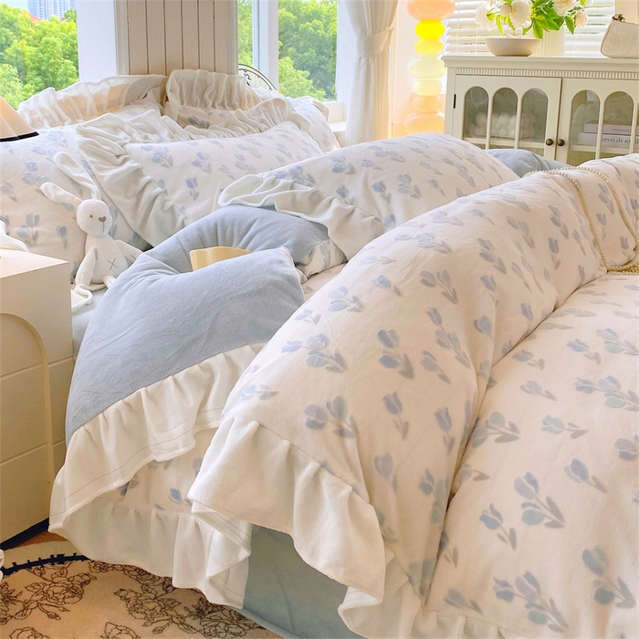 91家纺网 家纺一手货源 找家纺 启程家纺 2025新款花边雕花牛奶绒四件套 小郁金香-花边款