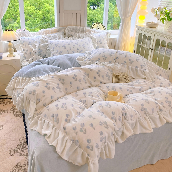 91家纺网 家纺一手货源 找家纺 启程家纺 2025新款花边雕花牛奶绒四件套 小郁金香-花边款