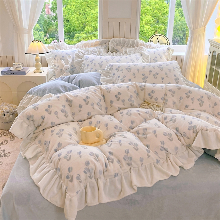 91家纺网 家纺一手货源 找家纺 启程家纺 2025新款花边雕花牛奶绒四件套 小郁金香-花边款