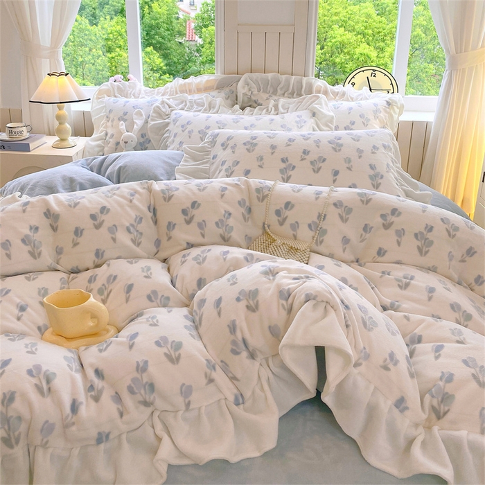 91家纺网 家纺一手货源 找家纺 启程家纺 2025新款花边雕花牛奶绒四件套 小郁金香-花边款