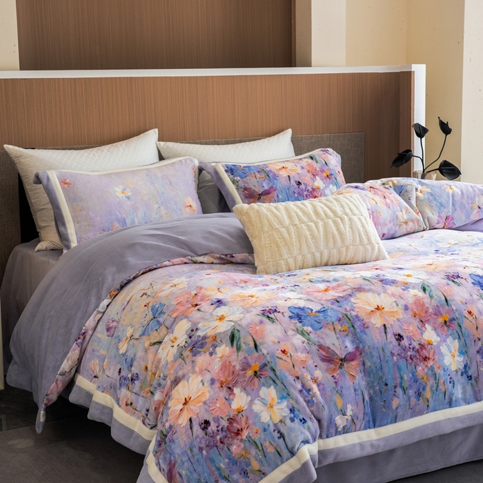 瑞雪家居 2025新款全消光数码印花牛奶绒系列四件套 蝶语紫