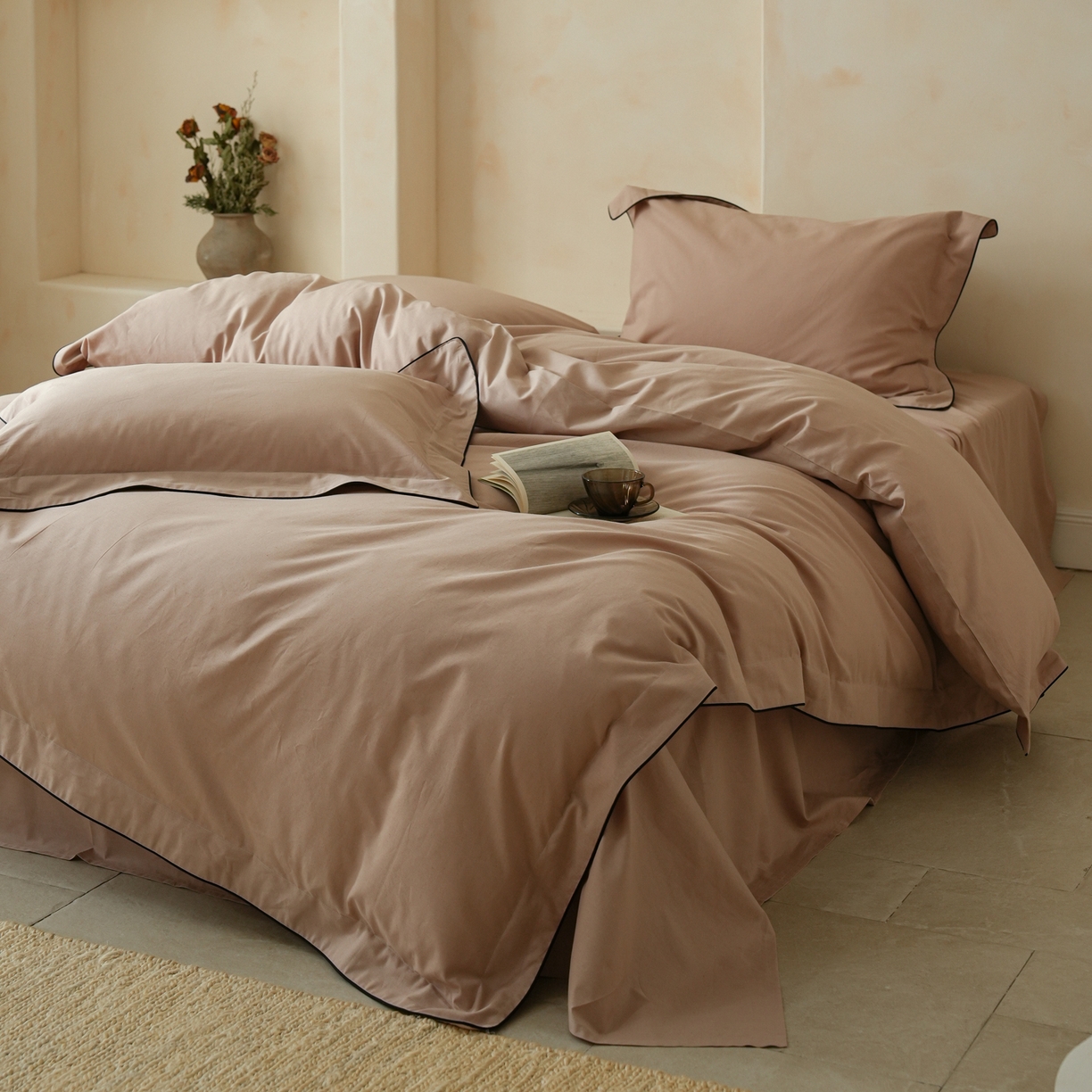 91家纺网 家纺一手货源 找家纺 简纯主义 2025新款棉麻素织雅韵系列四件套 朱砂红