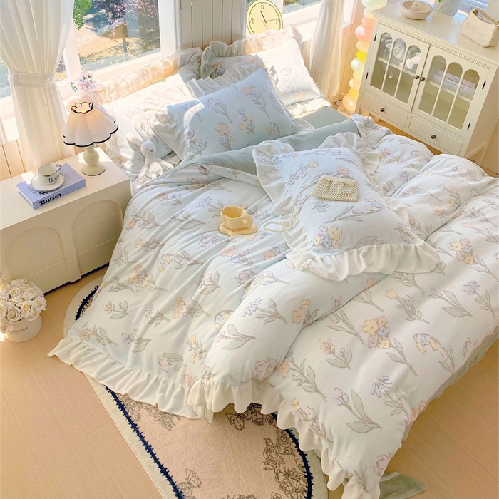 91家纺网 家纺一手货源 找家纺 启程家纺 2025新款花边雕花牛奶绒四件套 铃兰花-花边款